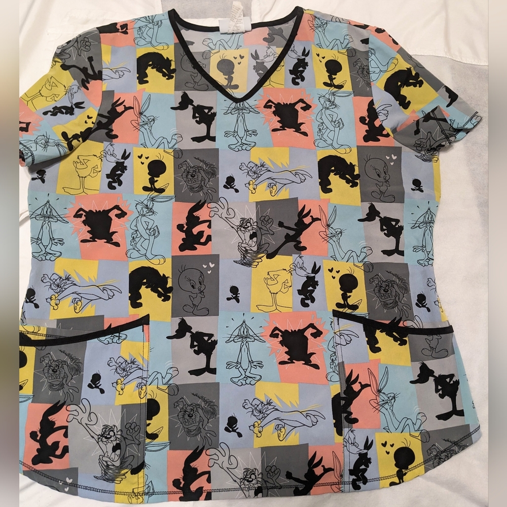 Looney Tune Characters Colorblock V-Neck Scrub Top